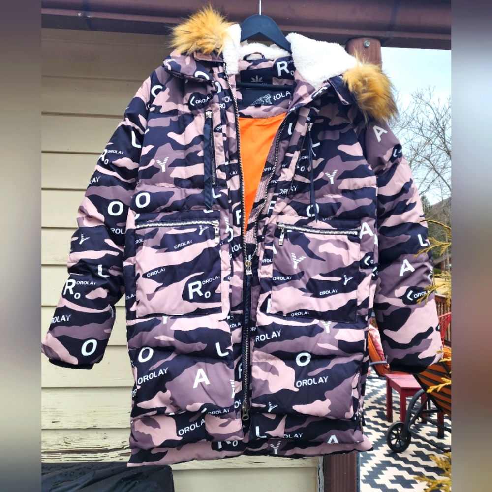 OROLAY Puffer Coat Jacket Size Small Army Print Print Pockets Logo Duck Down #32